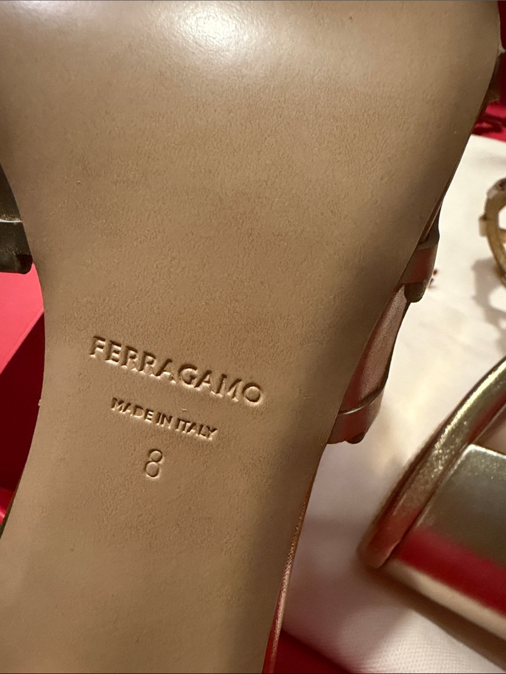 FERRAGAMO Gancini Erne 55 Metallic Gold Laser Cut Leather Slide Sandals 8 - Picture 11 of 11